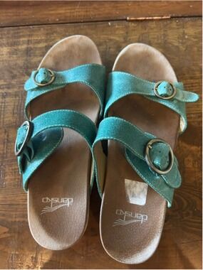 Dansko Metallic Teal Buckle Slide Sandals